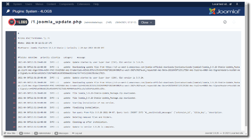 4LOGS showing a log file content on Joomla 3