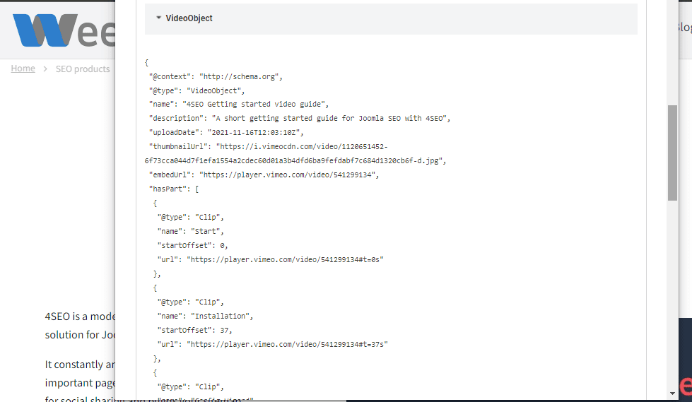 A view of valid VideoObject structured data automatically generated by 4Video