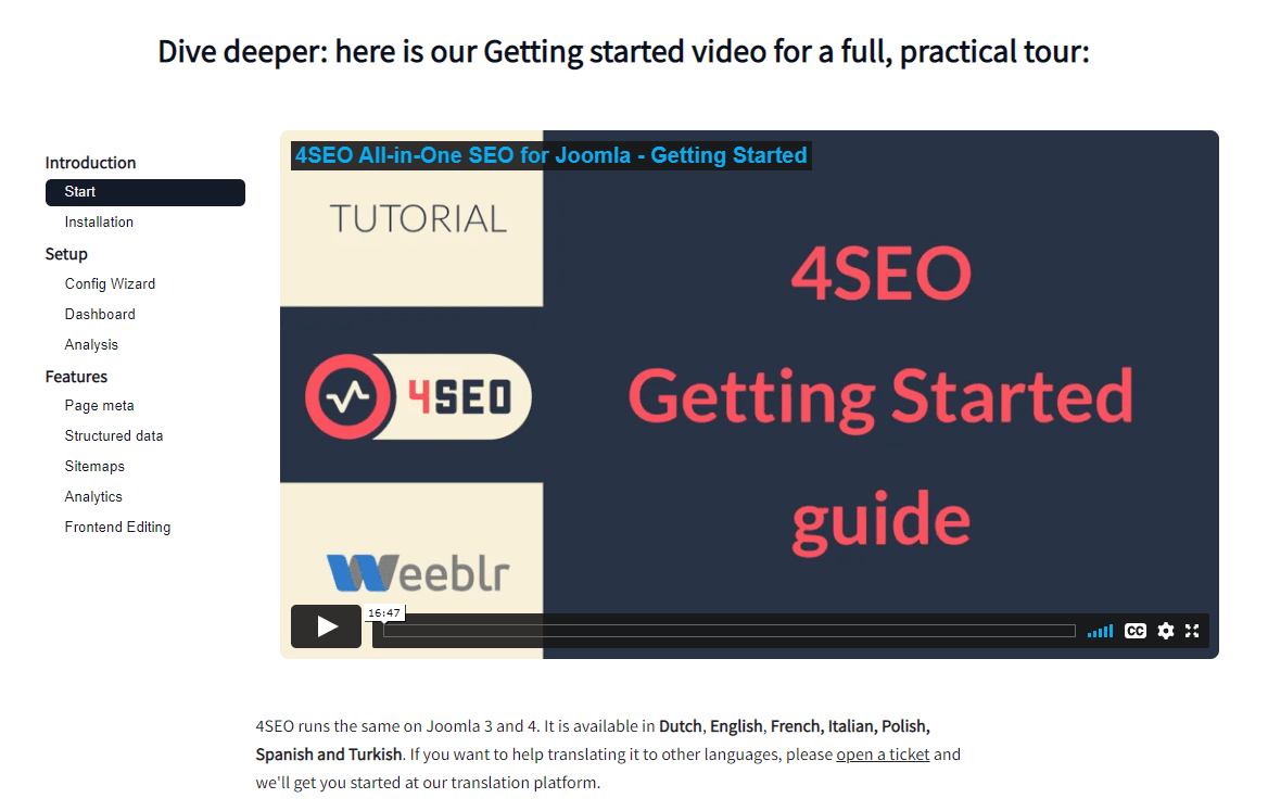 A view of 4Video used to embed the 4SEO Getting started guide