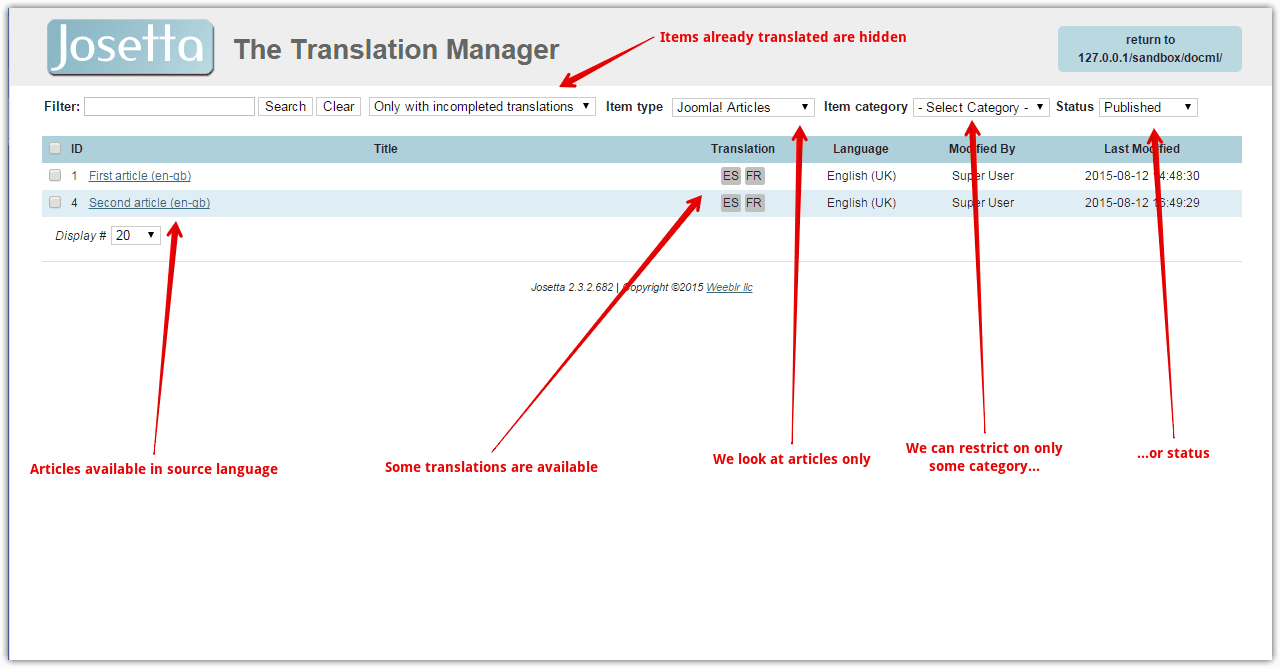 The Josetta start page with more details