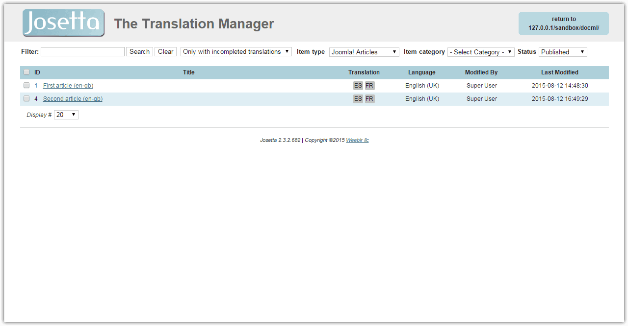 The Josetta start page