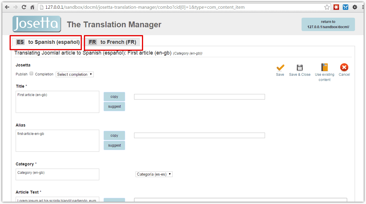Translating a Joomla article with Josetta
