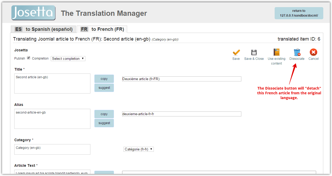 Using the Dissociate button to detach a translation