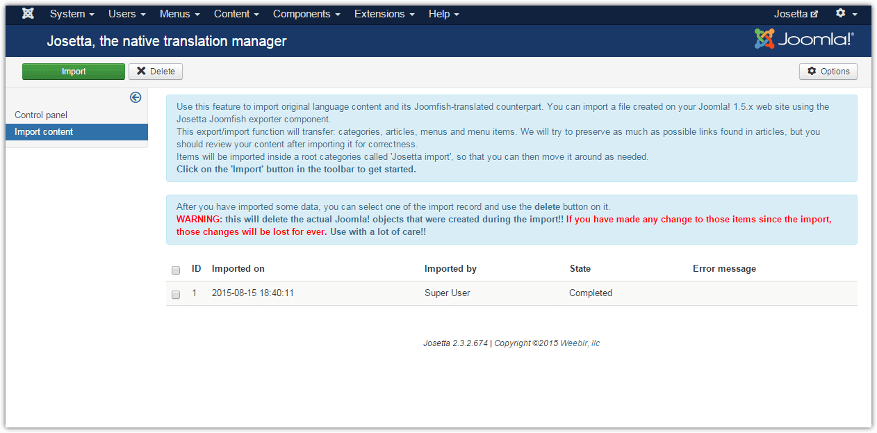 The import Joomfish content screen after a successful import run