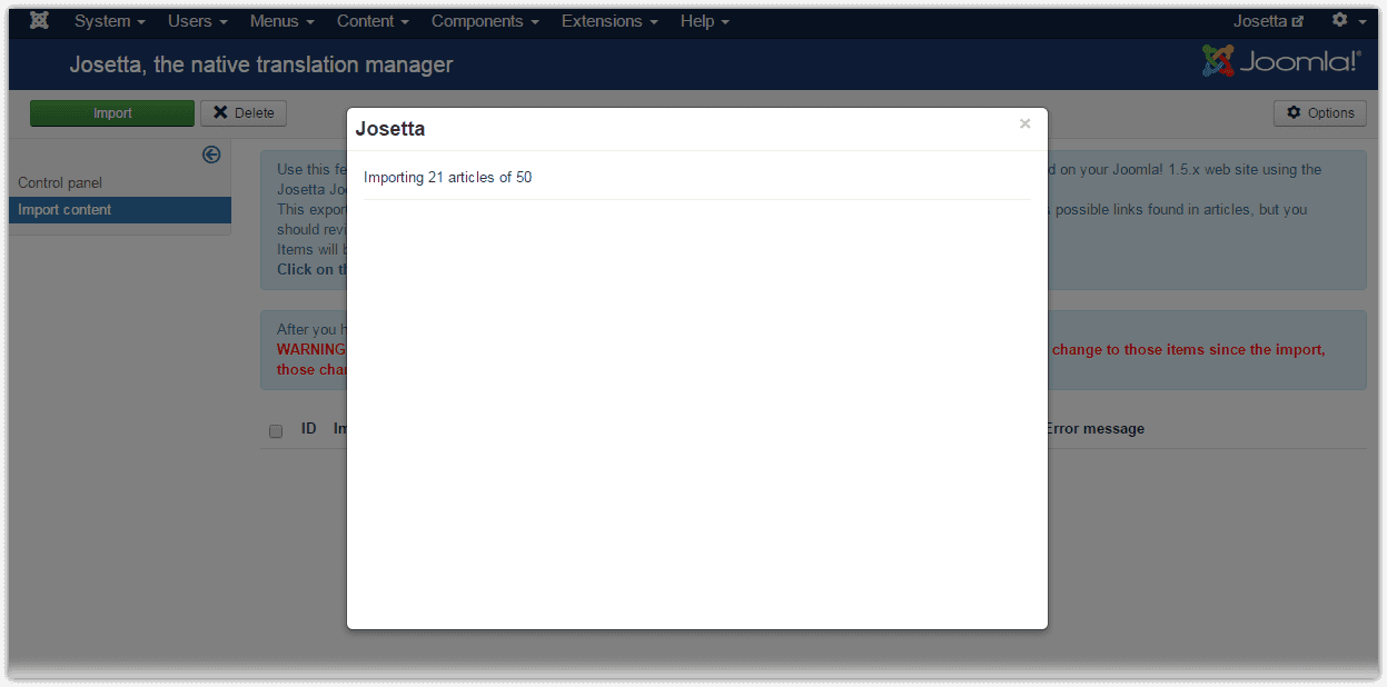 In progress messages from the Josetta import wizard