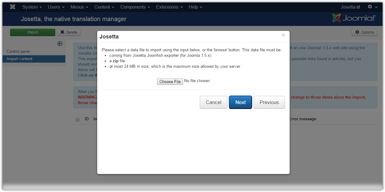 Export file selection in Josetta export wizard