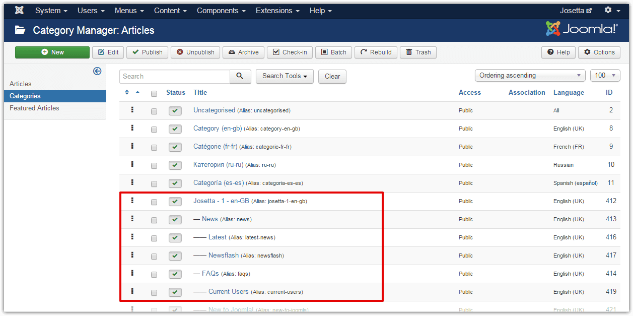 Josetta imported article categories