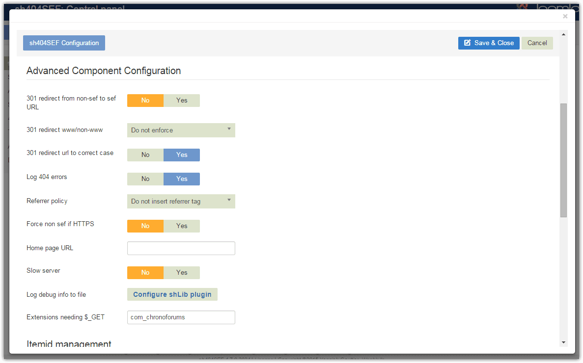 Cache management sh404SEF configuration