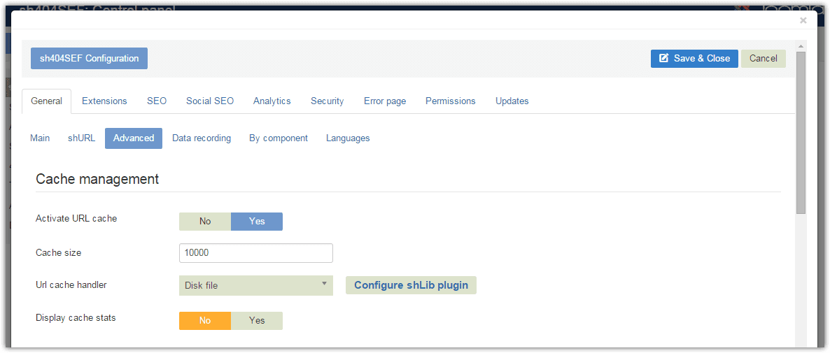 Cache management sh404SEF configuration