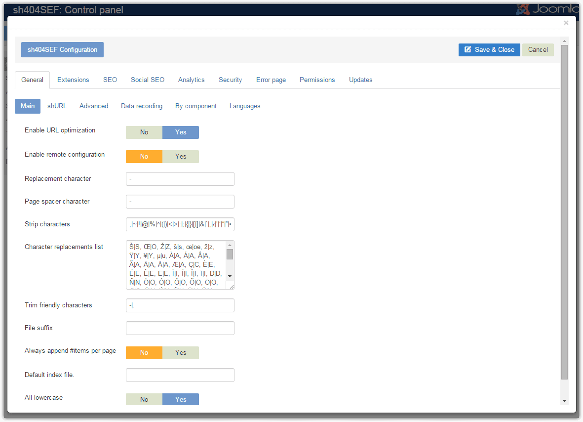 Screenshot of sh404SEF SEF URLs main settings