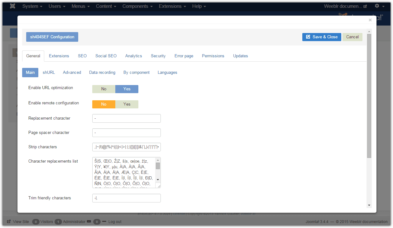 sh404SEF configuration popup