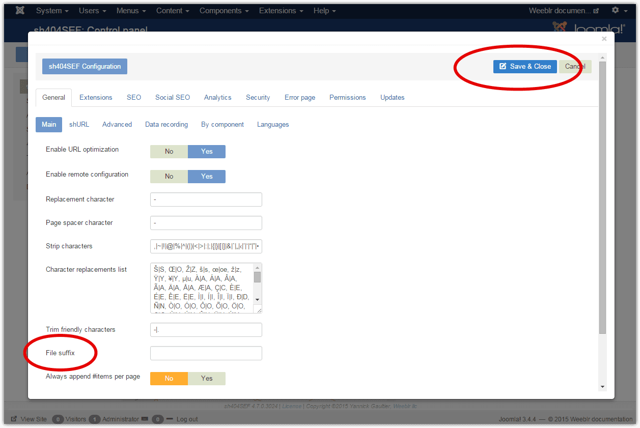 sh404SEF Configuration popup