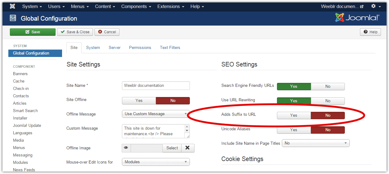 Enable Joomla! SEF URLs html suffix