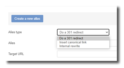 Selection of alias target type: canonical, redirect or rewriting