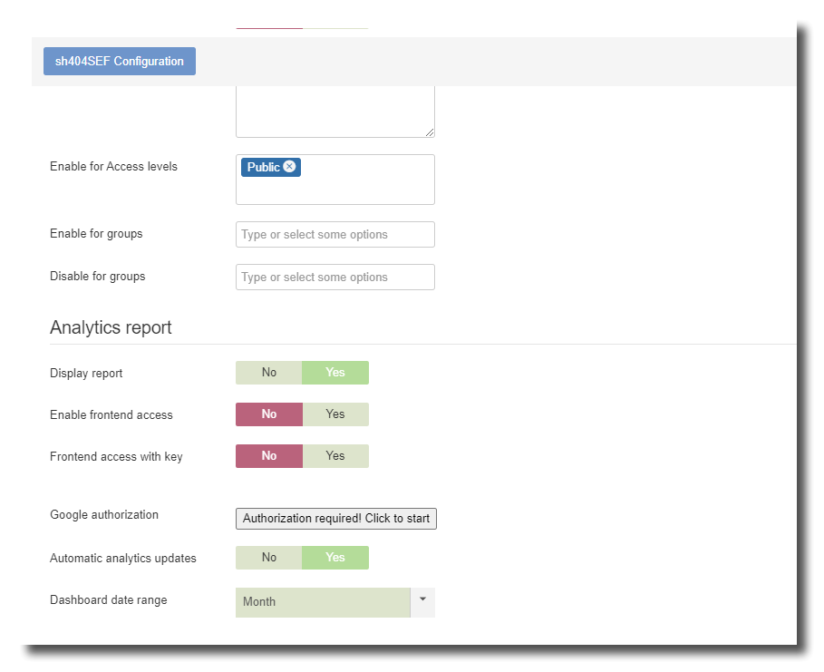 Configuration to display analytics reports