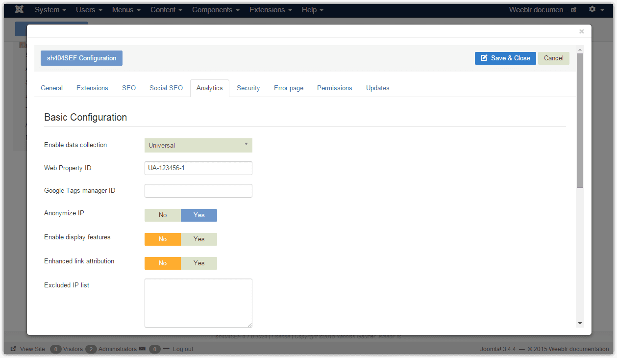 Minimal configuration for sh404SEF analytics