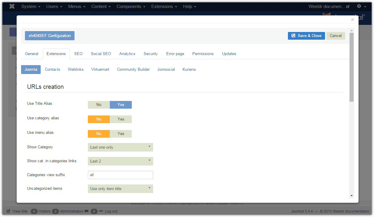 sh404SEF URL creation configuration per extension