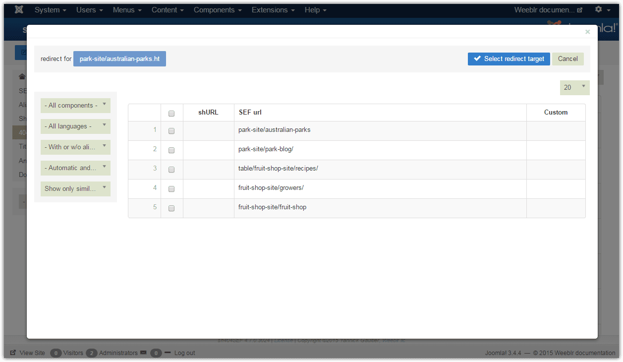 sh404SEF redirect 404 to SEF URL window