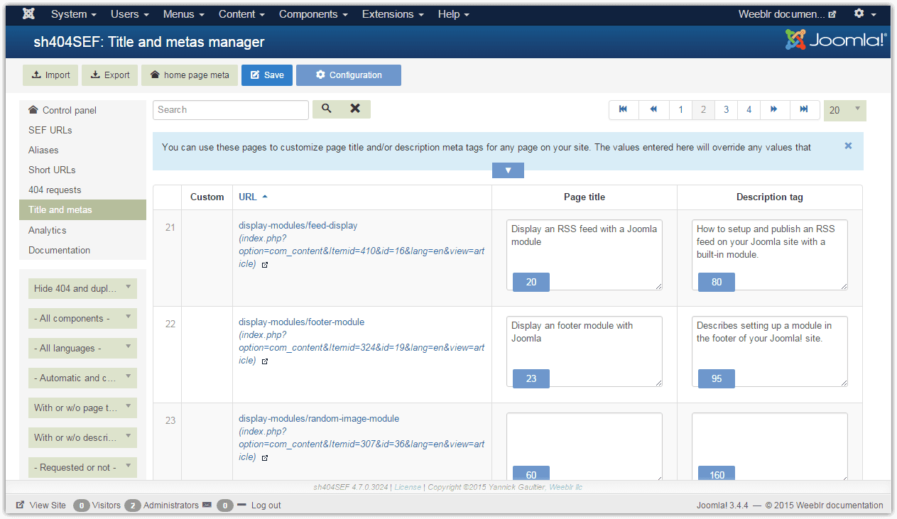 View of sh404SEF Page title and meta data manager