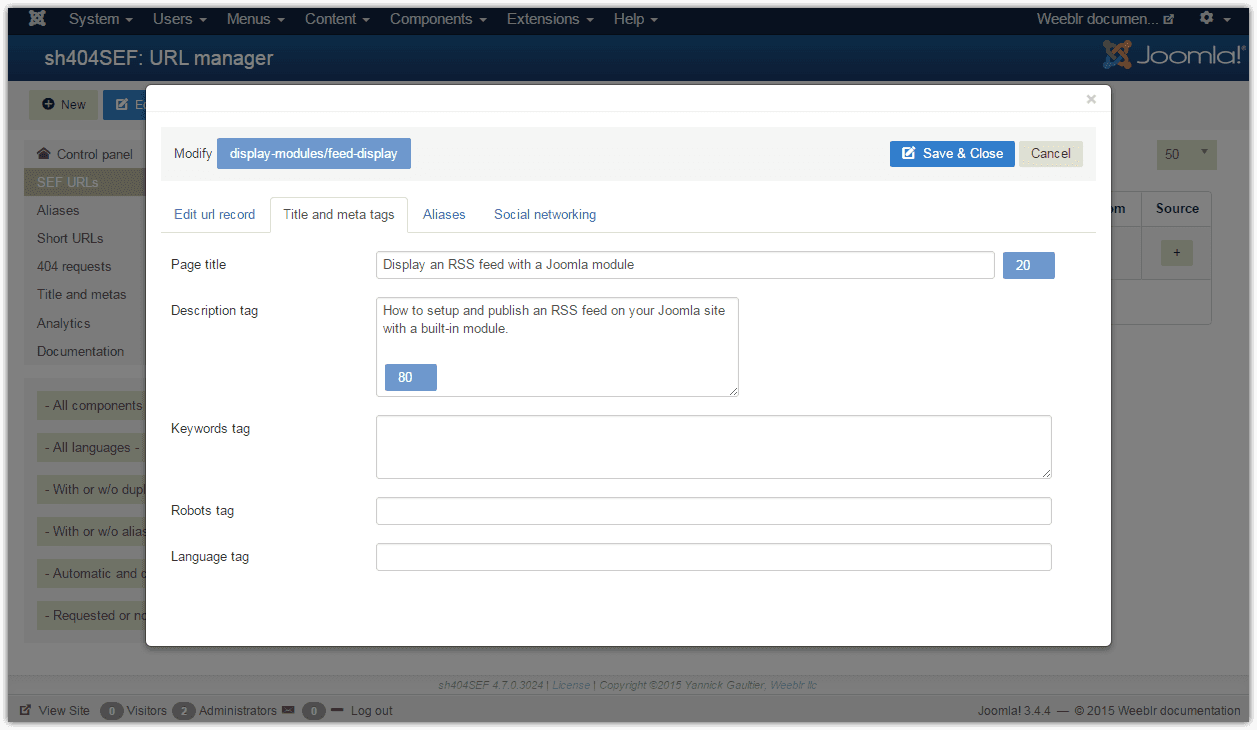 Form to edit page title and meta data for a page