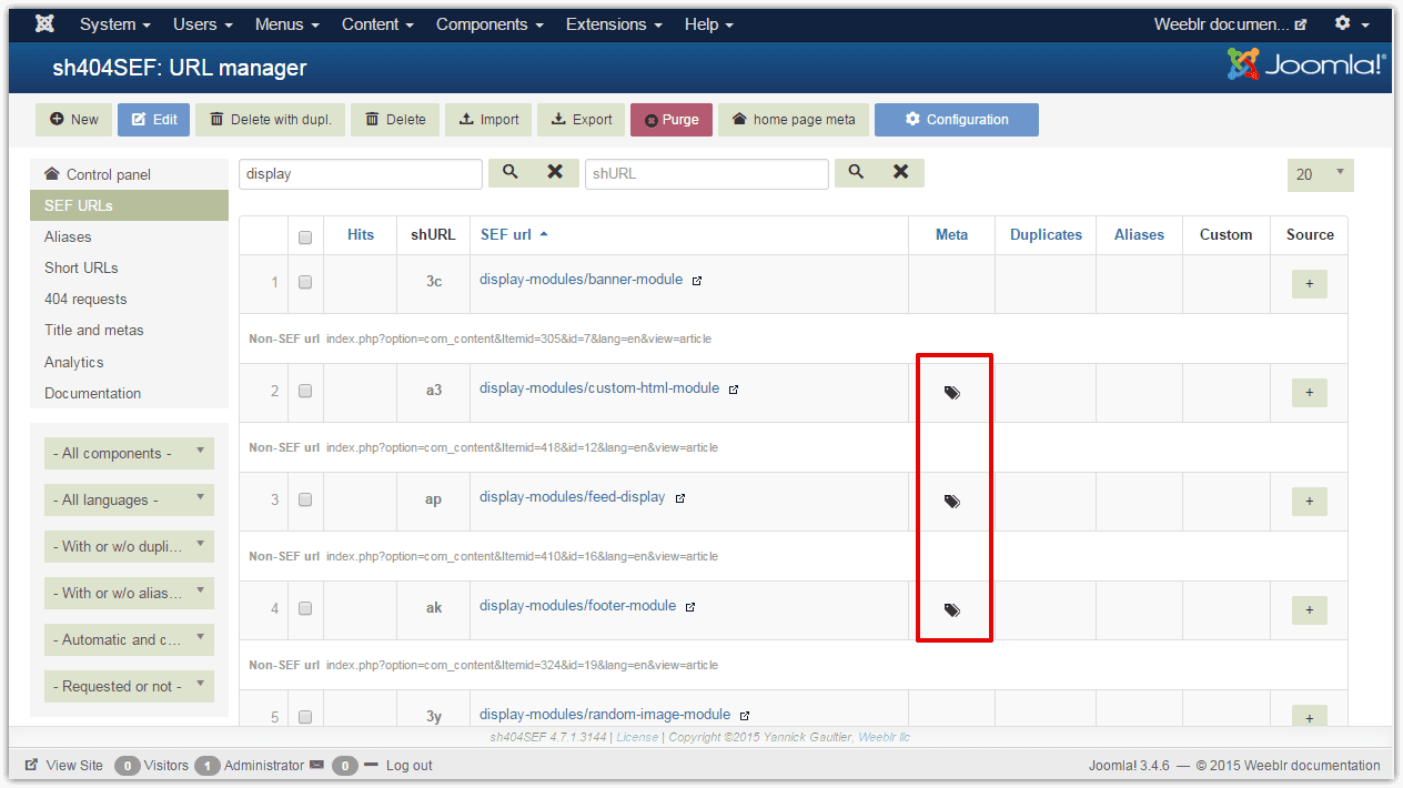 Viewing URLs with custom meta data in sh404SEF