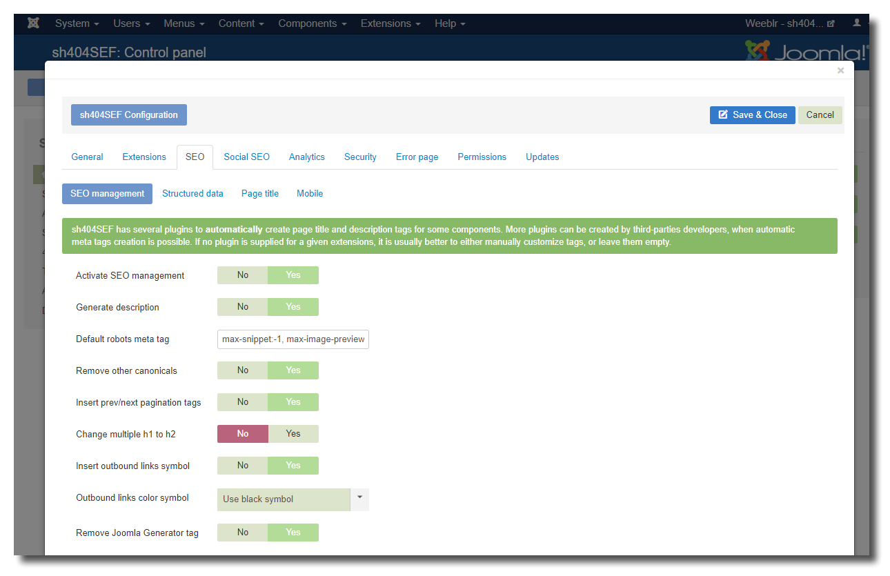 Image of the on-page SEO configuration panel of sh404SEF