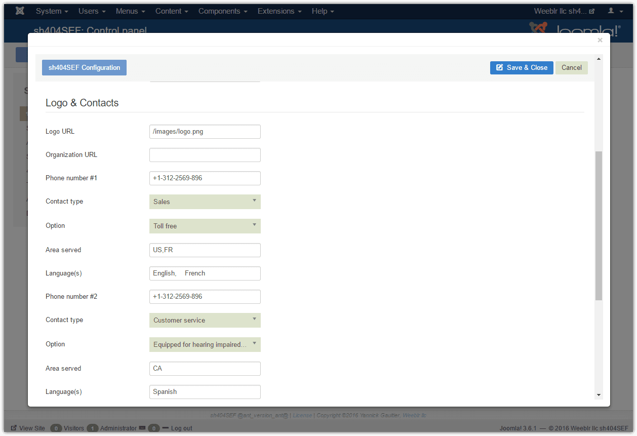 Image of the Logo & Contacts section of the Structured data configuration panel of sh404SEF