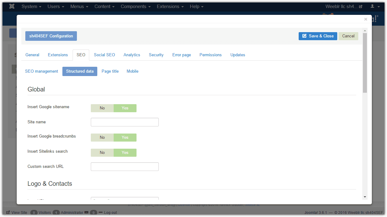 Image of the Structured data configuration panel of sh404SEF