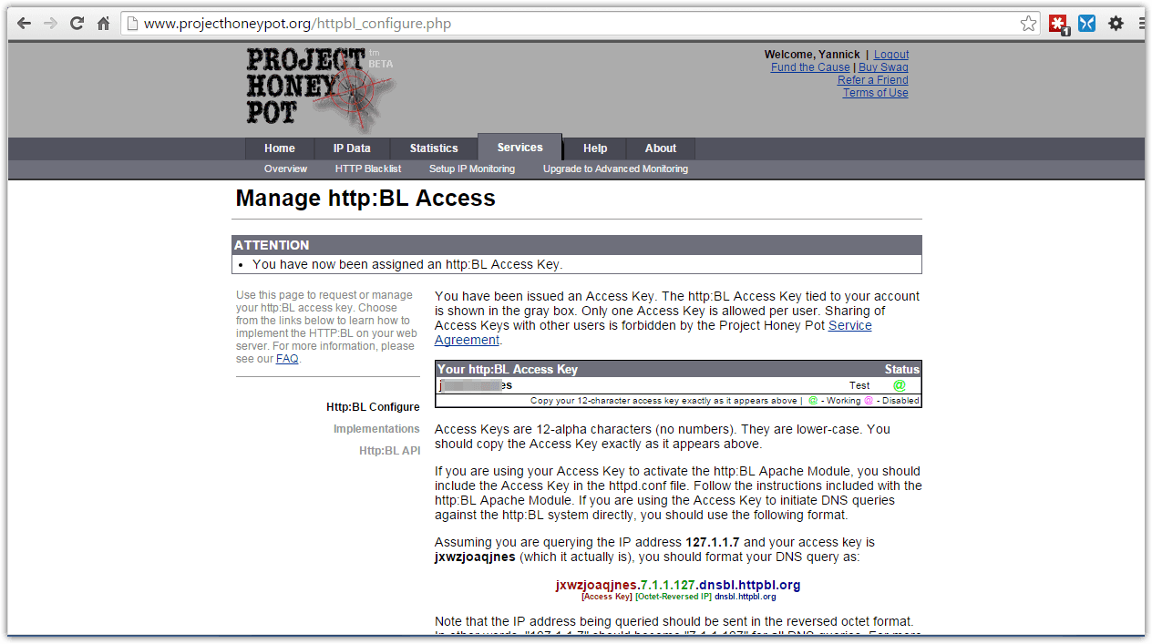 Getting an access key from Project Honey Pot