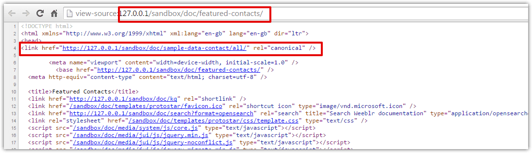 View source of page after adding a canonical link
