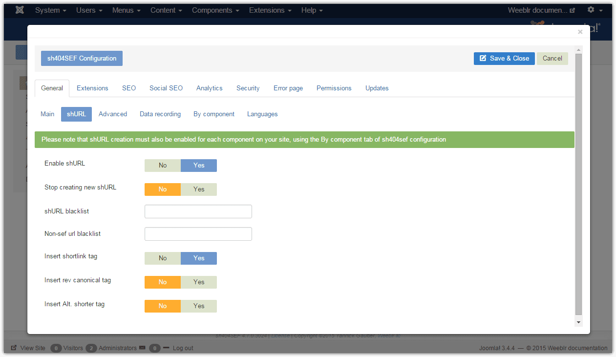 sh404SEF shURL (short URLs) configuration page