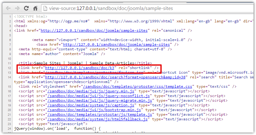 HTML source code of a page with an sh404SEF shortling tags