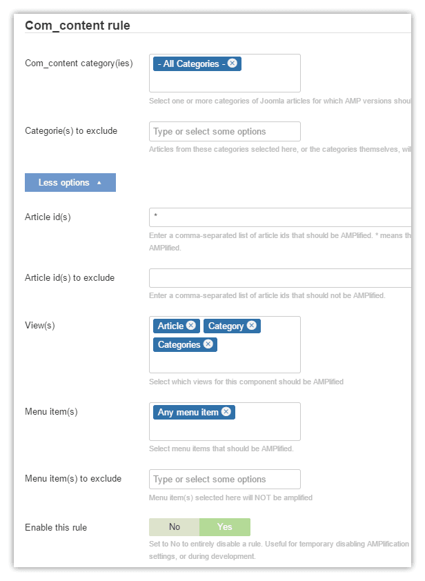 wbAMP com_content selection rules