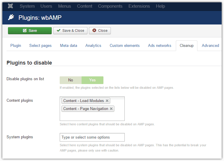 wbAMP advanced settings: plugins cleanup