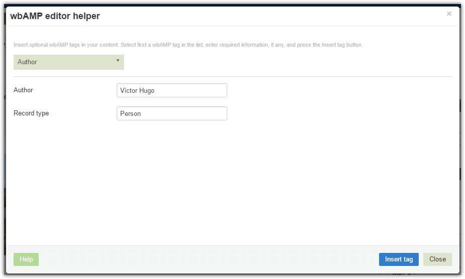 wbAMP editor insert author
